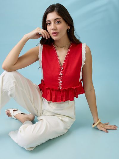 Globus Women Red V-Neck Thread Work Detail & Lace Inserts Pleated Crop Top