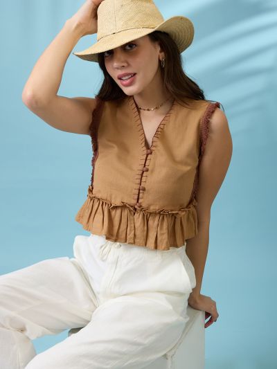 Globus Women Beige V-Neck Thread Work Detail & Lace Inserts Pleated Crop Top