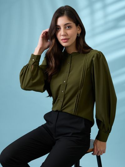 Globus Women Green Pleated Mandarin Collar Cuffed Sleeves Workwear Shirt