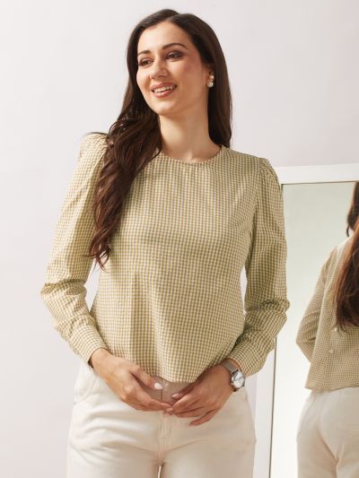 Globus Women Brown Checkered Back Button Detailing Cuffed Sleeves Curved Hem Shirt Style Top