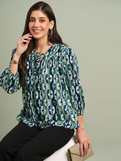Globus Women Green V-neck Bishop Sleeves Abstract Print Tie Up detailing Top