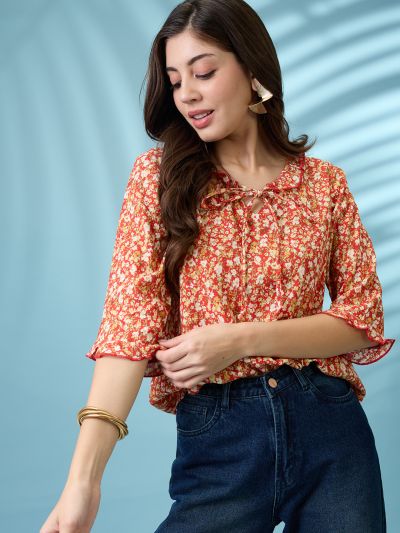 Globus Women Red Tie-Up Neck Floral Print Frill Detail Top