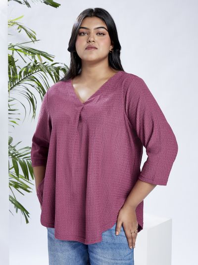 Globus Gloplus Women Maroon V-Neck Self Design Curved Hem Plus Size Workwear Top