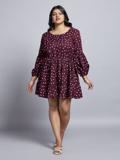 Globus Gloplus Women Maroon Round Neck Bishop Sleeves Fit & Flare Tiered Mini Plus Size Workwear Dress