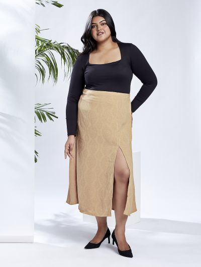 Globus Gloplus Women Beige Mid-Rise Self Design Bohemian Front Slit Plus Size A-Line Midi Skirt