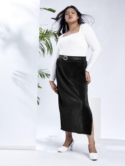 Globus Gloplus Women Black Mid-Rise Accordion Pleats Side Slits Plus Size Straight Maxi Skirt