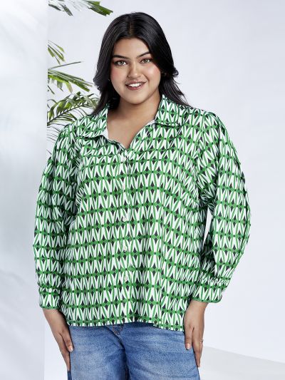 Globus Gloplus Women Green Collared Neck Puffed Cuff Sleeves Abstract Print Plus Size Shirt