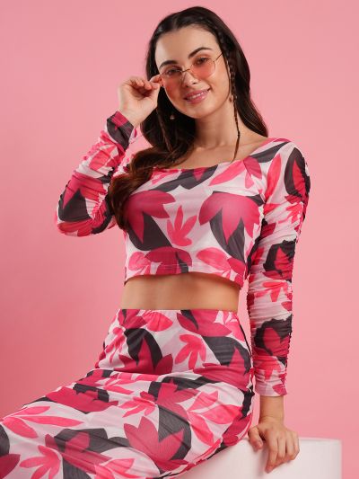 Globus Women Multi Colour Floral Print Square Neck Crop Top & Calf Length Pencil Skirt Co-Ord Set