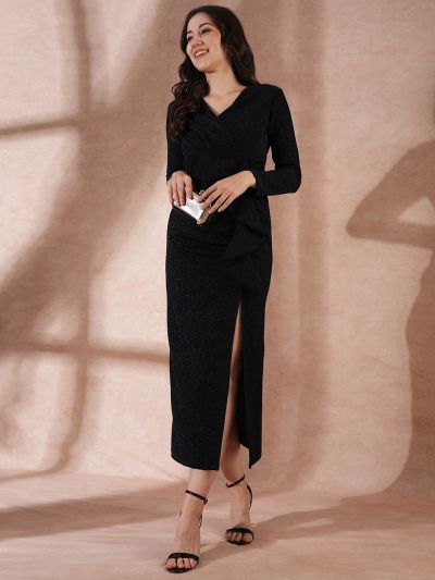 Globus Women Navy Blue Long Sleeves V-Neck Ruffle Detail Shimmer Side Slit Bodycon Maxi Party Dress