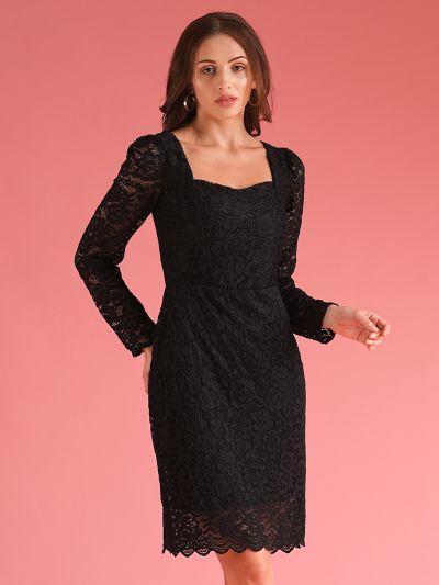 Globus Women Black Stretchable Sweetheart Neck Puff Sleeves Lace Self Design Sheath Party Dress