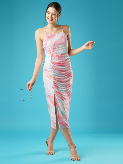 Globus Women Pink Abstract Print Square Neck Strappy Shoulder Ruched Side Slit Midi Bodycon Party Dress