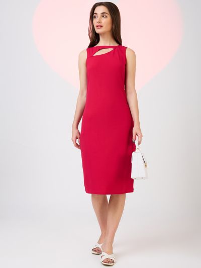 Globus Women Pink Cut Out Detail Boat Neck Solid Back Slit Midi Sheath Party Dress