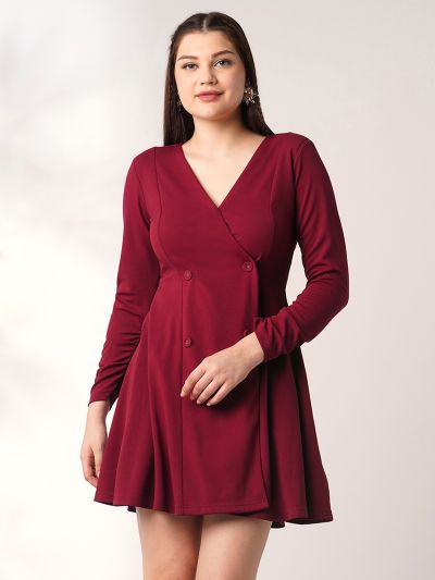 Globus Women Maroon Wrap Neck Long Sleeves Solid Button Detail Mini A-Line Workwear Dress