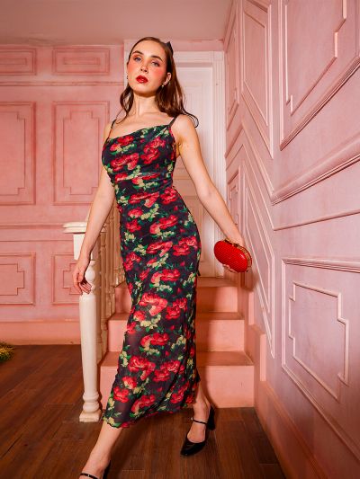 Globus Women Black Floral Print Strappy Sleeves Cowl Neck Back Tie-Up Midi Bodycon Party Dress