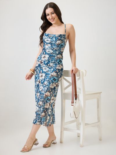 Globus Women Blue Floral Printed Cowl Neck Strappy Sleeves Back Tie-Up Ruched Midi Bodycon Party Dress