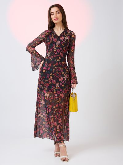 Globus Women Multicolor Frilled V-Neck Bell Sleeves Floral Print Front Slit Net Midi Bodycon Party Dress