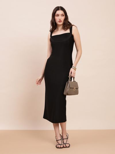 Globus Women Black Square Neck Strappy Sleeves Bodycon Midi Party Dress 