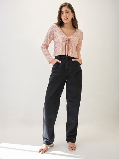 Globus Women Champagne Embellished Tie-Up Neck Long Sleeves Cropped Party Shrug