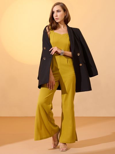 Globus Women Lime Green Sweetheart Neck Strappy Shoulder Solid Side Slit Hem Party Jumpsuit