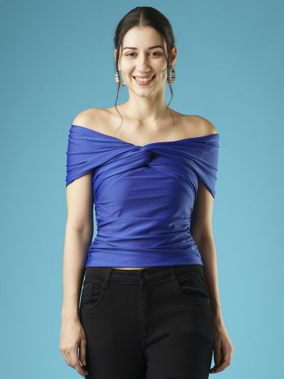 Globus Women Blue Solid Twisted & Ruched Side Detail Stretchable Party Bardot Top