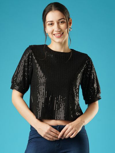 Globus Women Black Round Neck Puff Sleeves Sequined Party Top