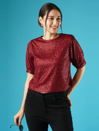 Globus Women Maroon Round Neck Puff Sleeves Sequined Party Top