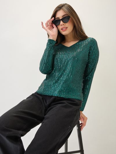 Globus Women Green V-Neck Long Sleeves Embellished Party Top