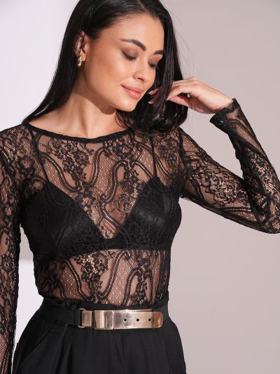 Globus Women Black Boat Neck Self Design Floral Lace Long Sleeve Party Top