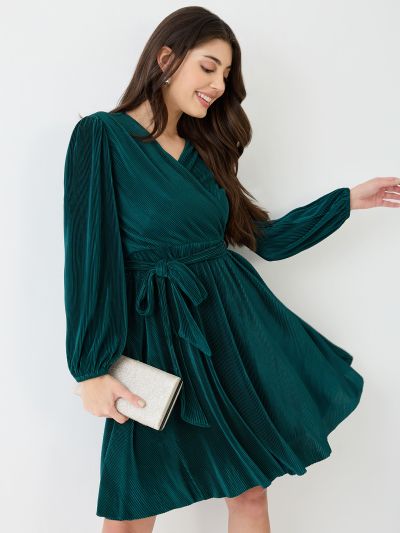 Globus Women Green Wrap Neck Bishop Sleeves Accordion Pleated Belted A-Line Dress