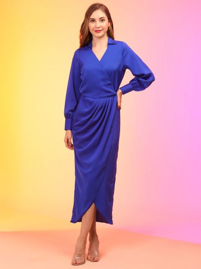 Globus Women Blue Wrap Neck Shirt Collar Cuff Sleeves Tulip Maxi Party Dress
