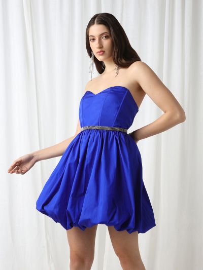 Globus Women Blue Strapless Sweetheart Neck Panelled Balloon Party Dress