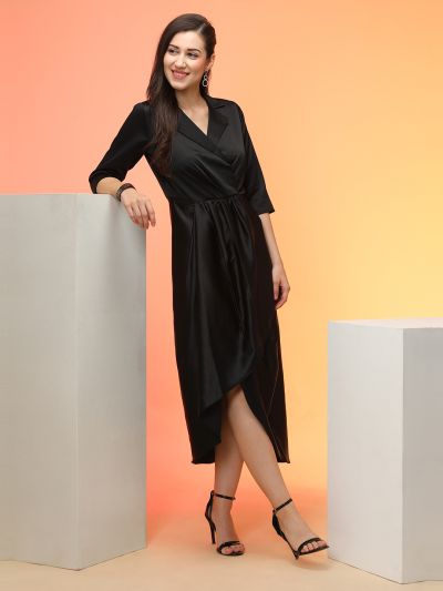 Globus Women Black Stretchable Notched Lapel Gathered Midi Workwear Blazer Dress With Tulip Hem