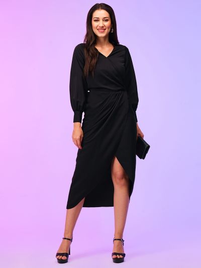 Globus Women Black Shirt Collar Cuffed Sleeves Pleated Tulip Hem Midi Party Wrap Dress