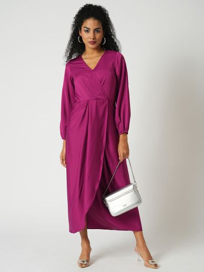 Globus Women Magenta Wrap Neck Full Sleeves Tulip Hem Satin Midi Sheath Party Dress