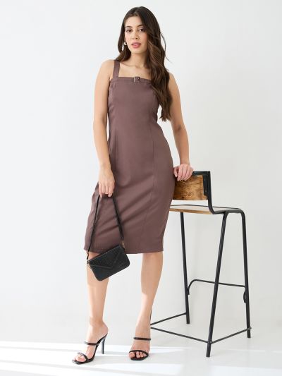 Globus Women Brown Buckle Detail Square Neck Strappy Shoulder Korean Midi Sheath Party Dress
