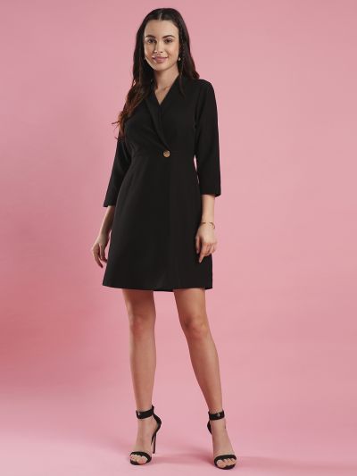 Globus Women Black Shawl Lapel Solid Mini Workwear Blazer Dress