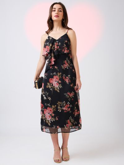 Globus Women Black V-Neck Strappy Shoulder Floral Print Ruffles Detail Midi A-Line Party Dress