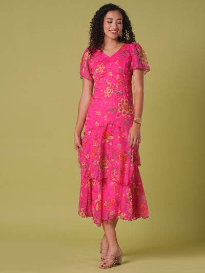 Globus Women Pink V-Neck Flared Sleeves Floral Print Layered Fit & Flare Maxi Party Dress
