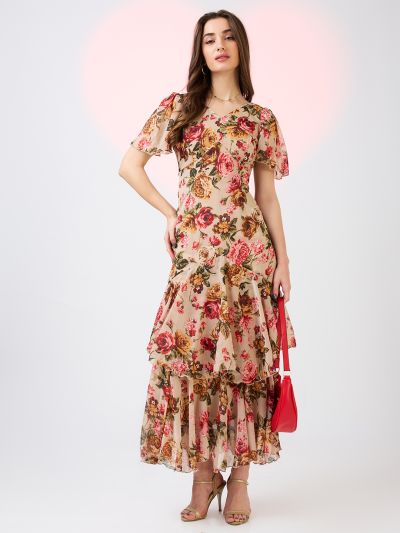 Globus Women Beige V-Neck Flared Sleeves Floral Print Layered Fit & Flare Maxi Party Dress