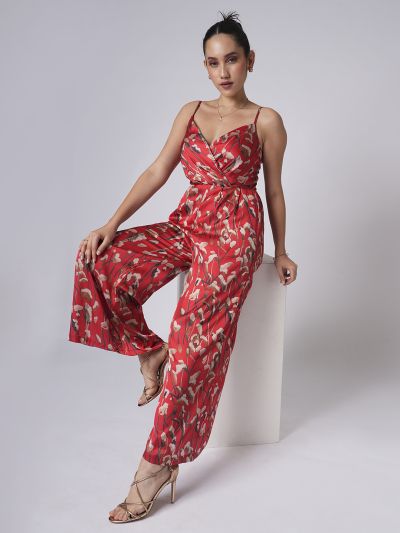 Globus Women Red Sweetheart Neck Strappy Shoulder Floral Print Satin Wide Leg Party Jumpsuit