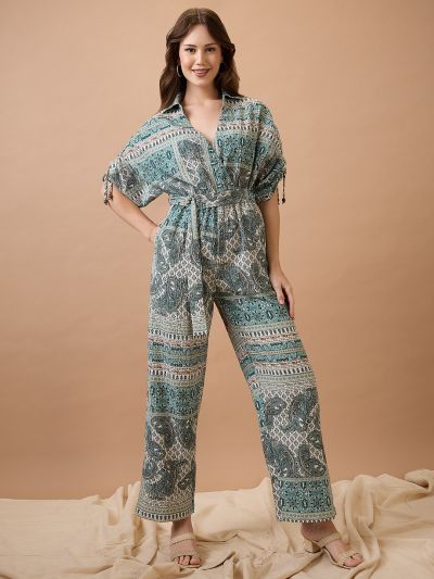 Globus Women Green Collared Neck Ruched Extended Sleeves Waist Tie-Ups Long Line Fusion Jumpsuit