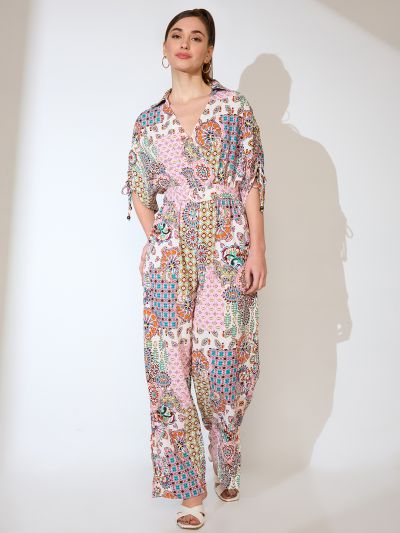 Globus Women Multi Pink Shirt Collar Ruched Sleeves Ethnic Motifs Print Belted Fusion Jumpsuit