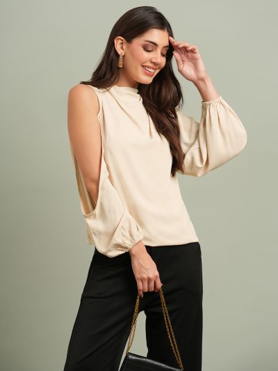 Globus Women Khaki Cowl Neck Cold Shoulder Bishop Sleeves Solid Pleat Detail Party Top
