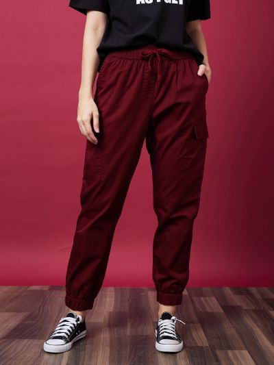 Globus Women Rust Red Mid-Rise Elasticated Drawstring Waist Cargo Joggers