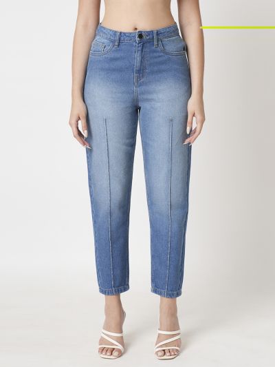 Globus Women Med Blue Light Fade Whiskers Effect High-Rise Boyfriend Fit Pintuck Jeans