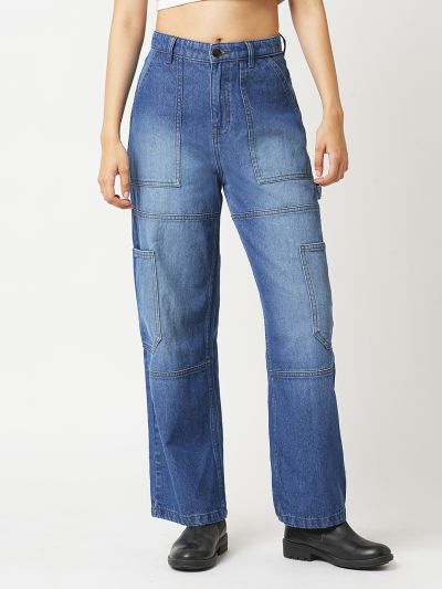 Globus Women Light Blue High Rise Straight Fit Washed Cargo Jeans