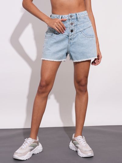Globus Women Light Blue Slim Fit Mid-Rise Washed Frayed Hem Denim Shorts