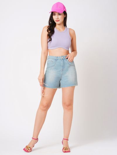 Globus Women Light Blue Slim Fit Mid-Rise Washed Frayed Hem Denim Shorts