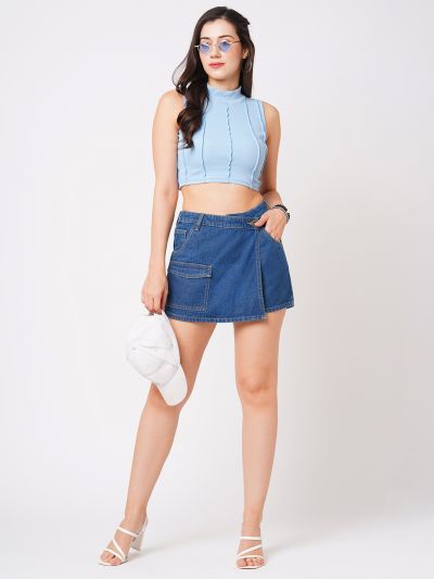 Globus Women Med Blue Slim Fit Mid-Rise Front Pocket Denim Skorts
