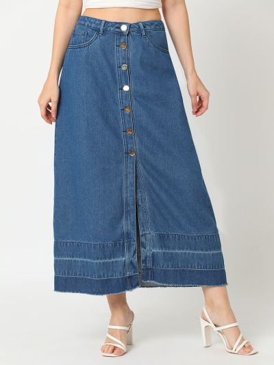 Globus Women Med Blue Washed Denim Front Slit A-Line Midi Skirt